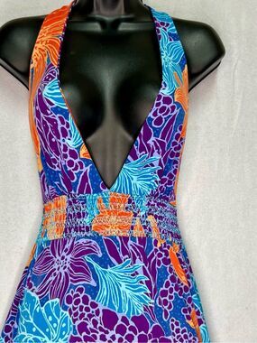Y2K Moda Intl Plunge Halter Maxi Dress Psychedelic Floral Smocked Boho Flowy M